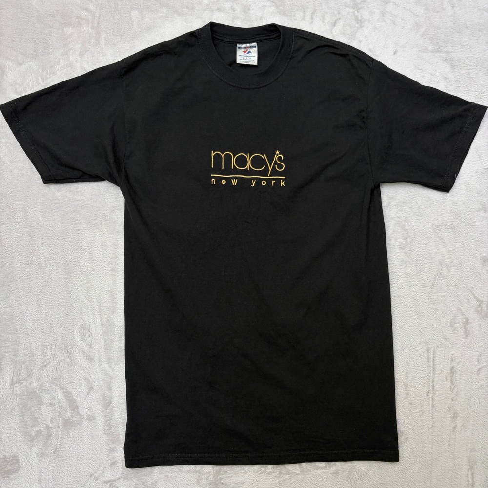 Macy's New York Embroidered Black Jerzees Tee L fits S/M black shirt gold logo